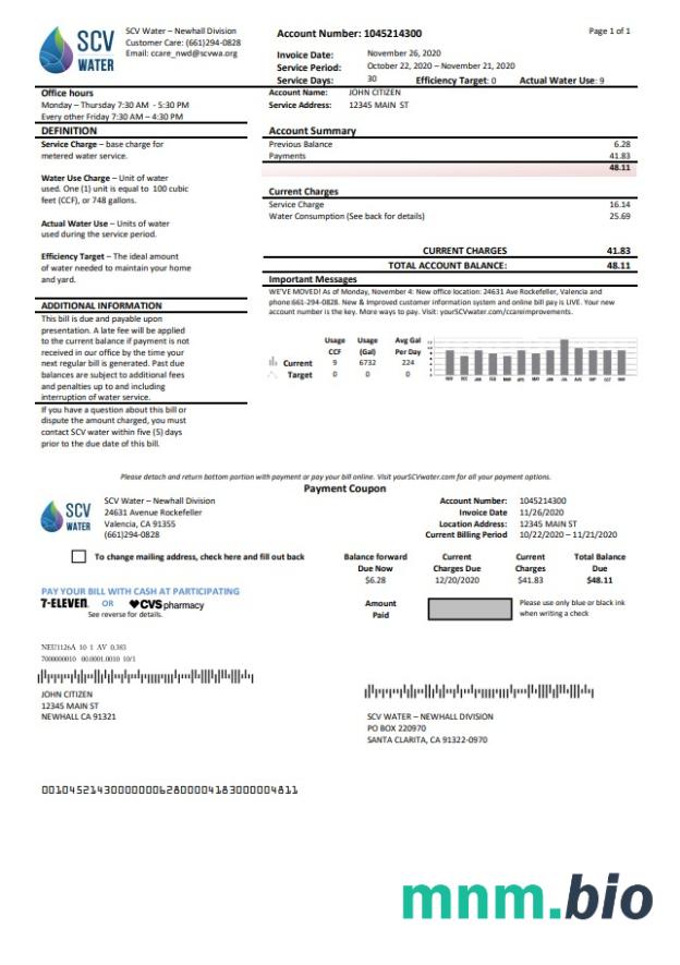 Usa California Santa Clarita SCV Water rachunek za media szablon w formacie Word i PDF
